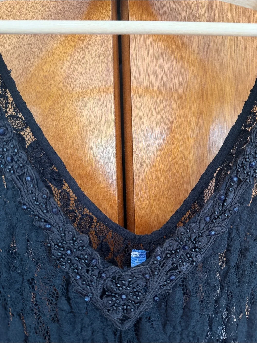 Free People Black Beaded Lace V-Neck Slip Dress